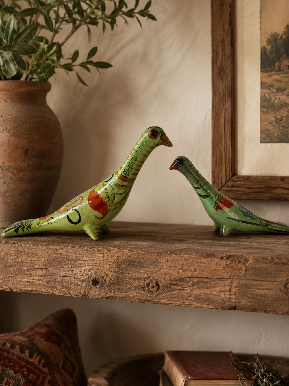 Tonala Mexican Bird Ceramic Hand Painted Birds (2) Folk Art Clay Pottery Vtg.